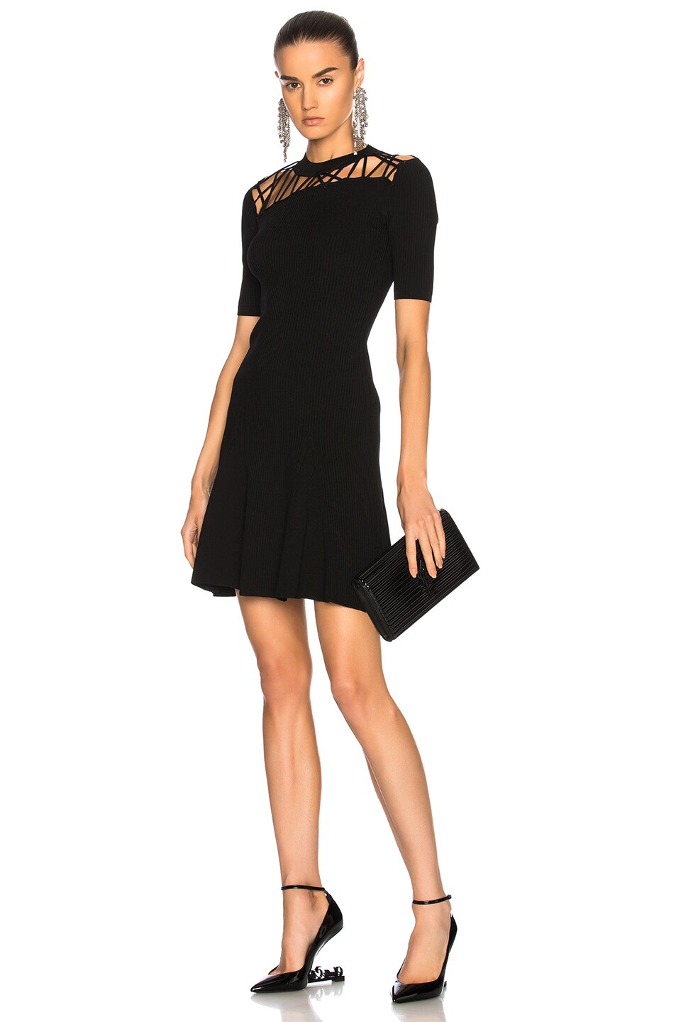 Image 1 of Cushnie Fractured Lacing Short Sleeve Flare Dress in Black
