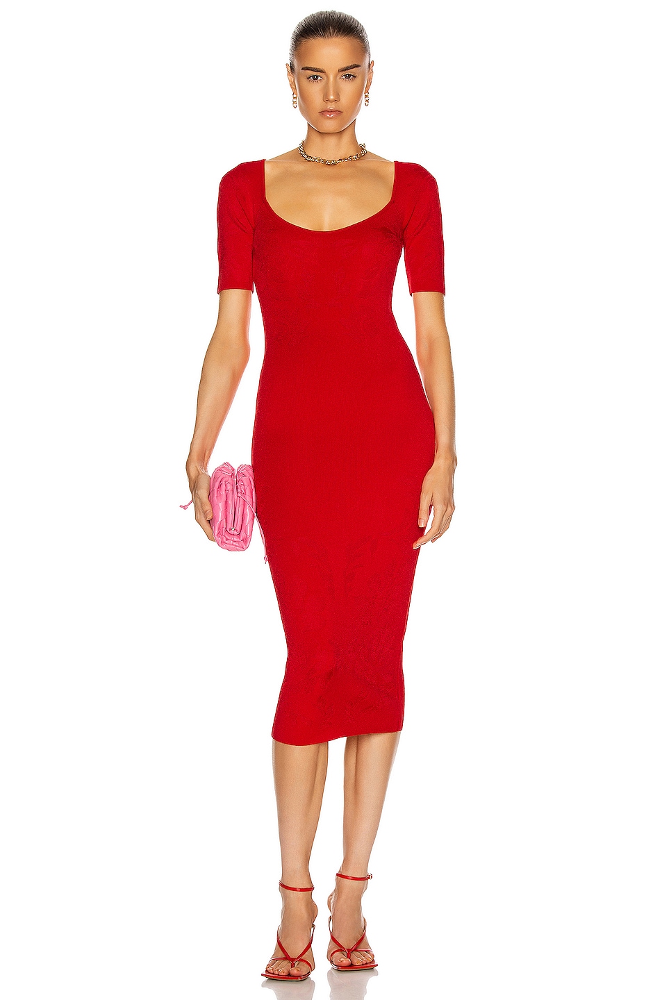 Image 1 of Cushnie Rounded Square Neck Floral Jacquard Dress in Rouge