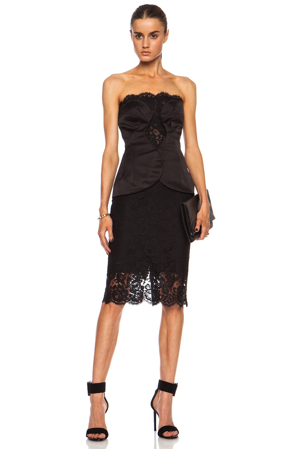 Image 1 of Cushnie Duchess Satin Dress with Lace in Black