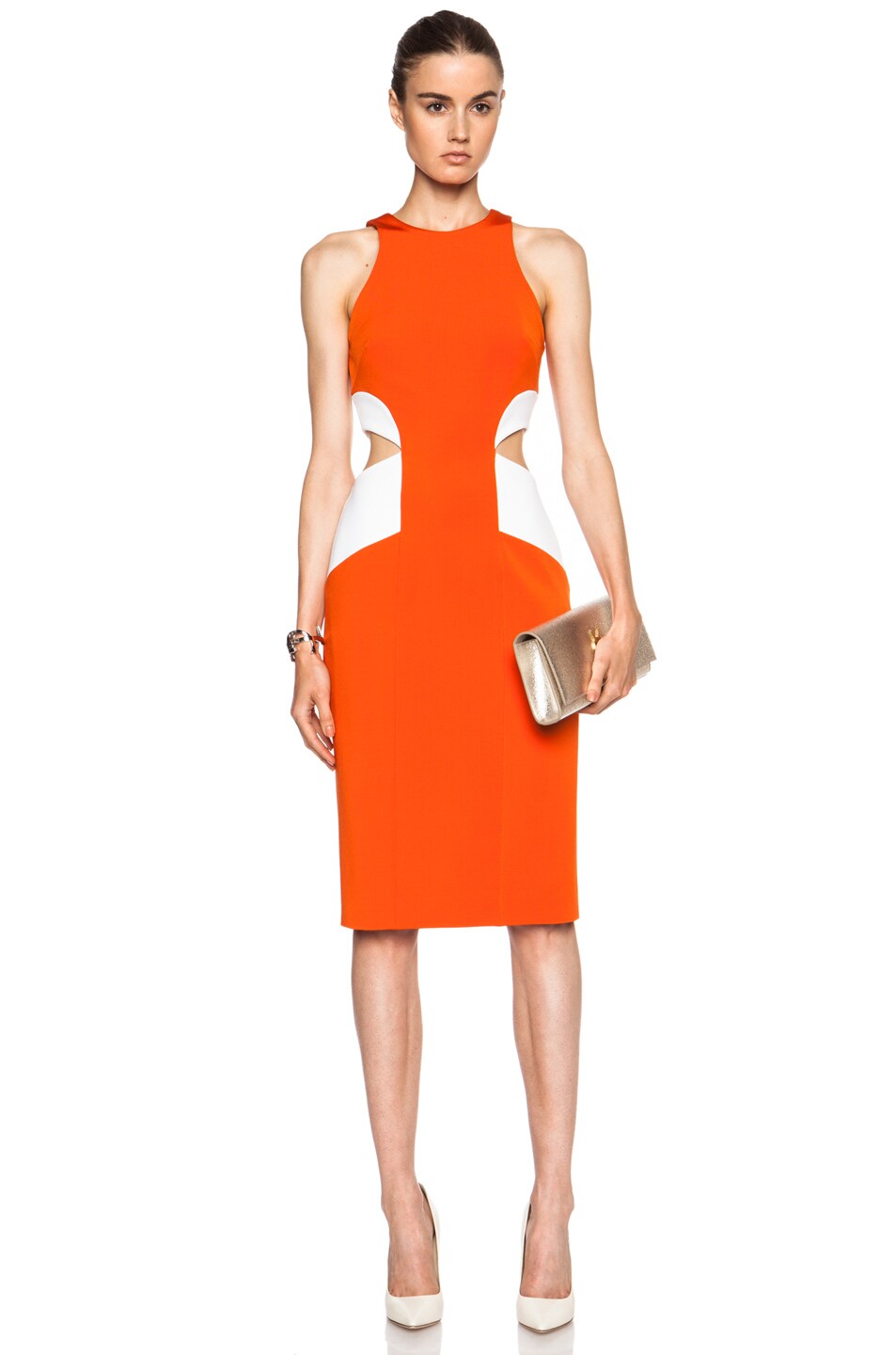 Image 1 of Cushnie Power Viscose-Blend Dress with Side Cut Outs in Tangerine & White