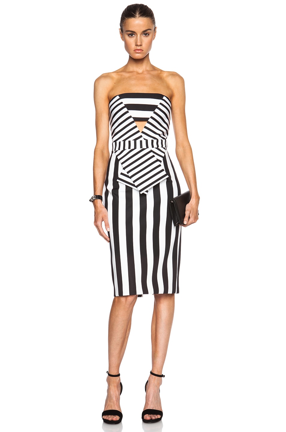Image 1 of Cushnie Striped Neoprene Strapless Dress in Black & White