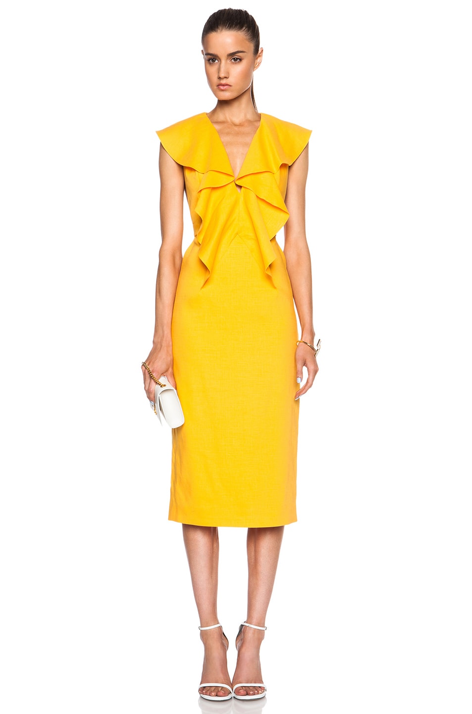 Image 1 of Cushnie Stretch Linen Ruffle Dress in Marigold