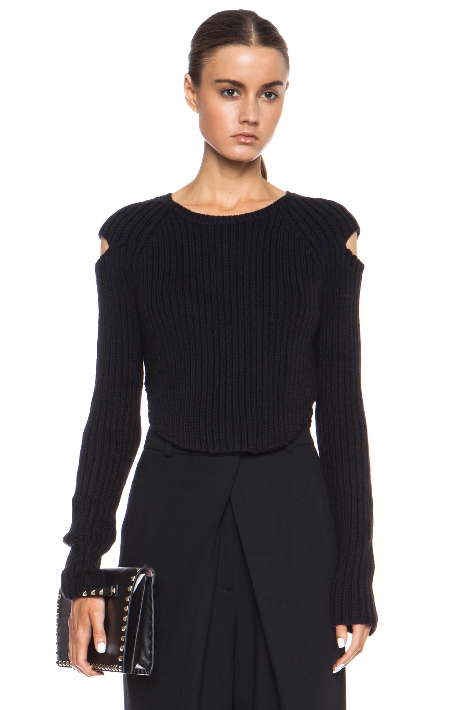Image 1 of Cushnie Slashed Shoulder Knit Wool-Blend Sweater in Black