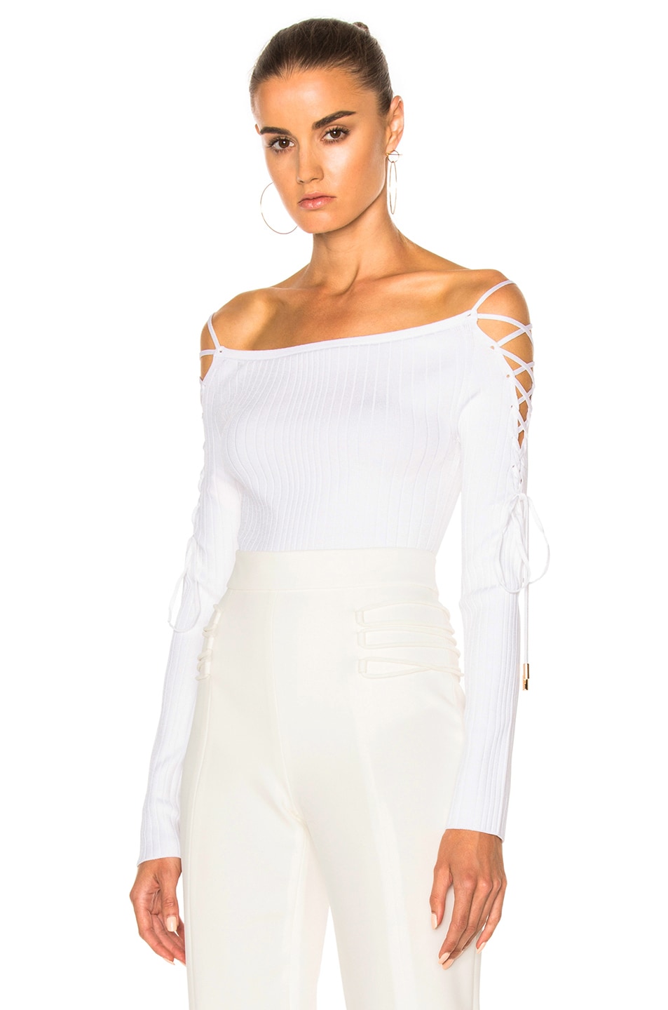 Image 1 of Cushnie Boatneck Lace Up Sleeve Bodysuit in White