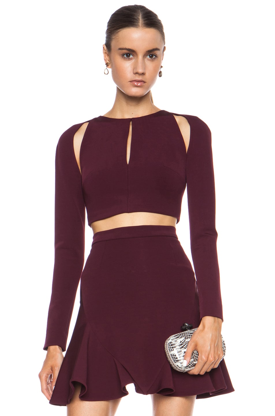 Image 1 of Cushnie Power Cropped Cutout Viscose-Blend Top in Bordeaux