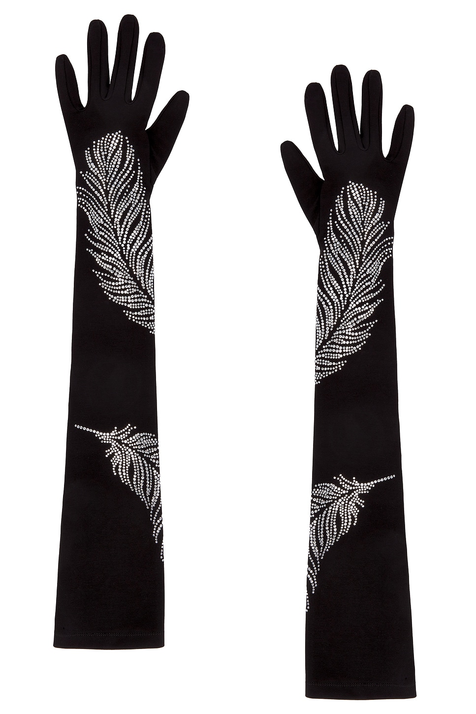 Rhinestone Feather Long Gloves in Black