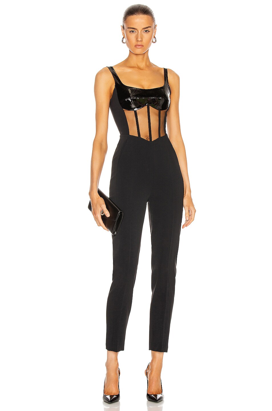 Image 1 of David Koma Patent Leather Corset Jumpsuit in Black