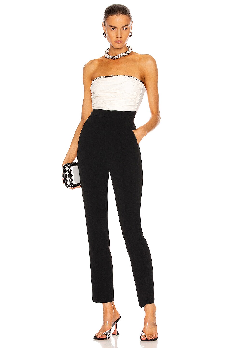 Image 1 of David Koma Ruched Crystal Jumpsuit in Black & White