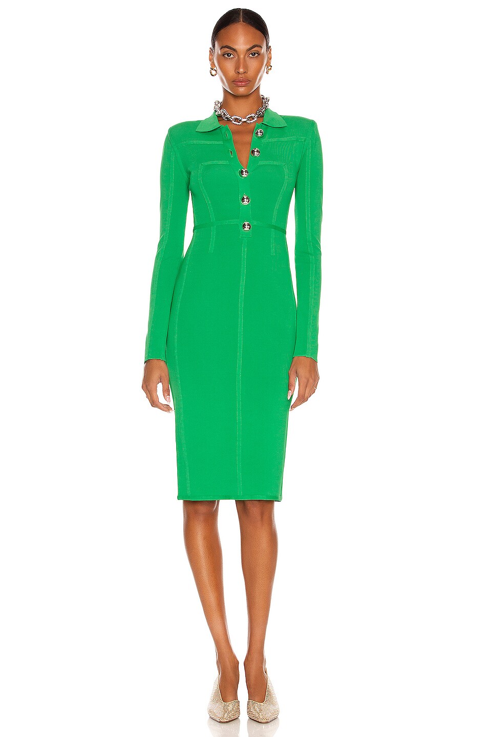 Image 1 of David Koma Front Button Polo Long Sleeve Pencil Dress in Green