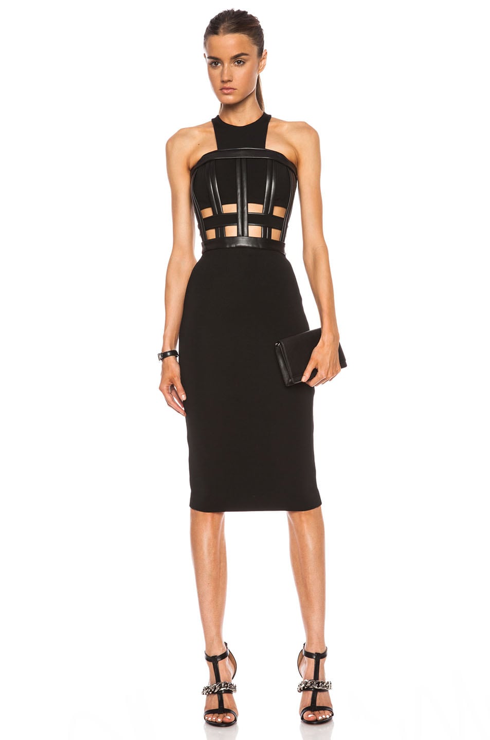 Image 1 of David Koma Halter Neck Pencil Acetate Dress with Midriff Cage Detail in Black