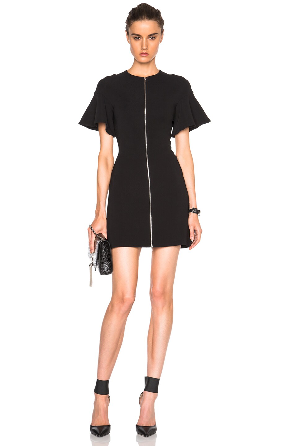 Image 1 of David Koma Front Zip Flounce Sleeve Mini Dress in Black