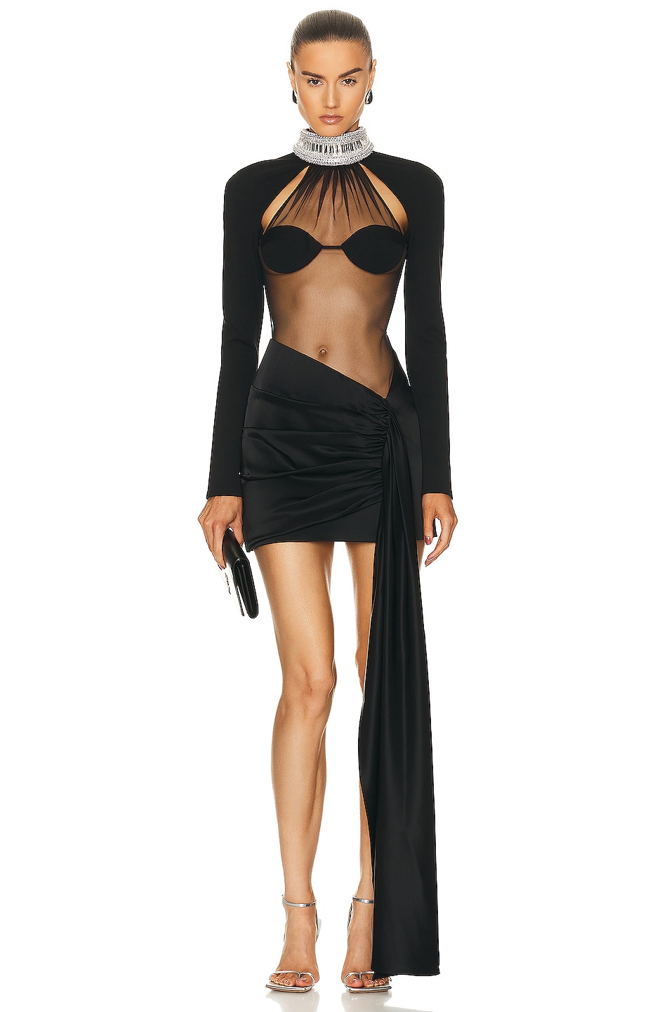Image 1 of David Koma For FWRD Sheer Crystal Halter Mini Dress in Black