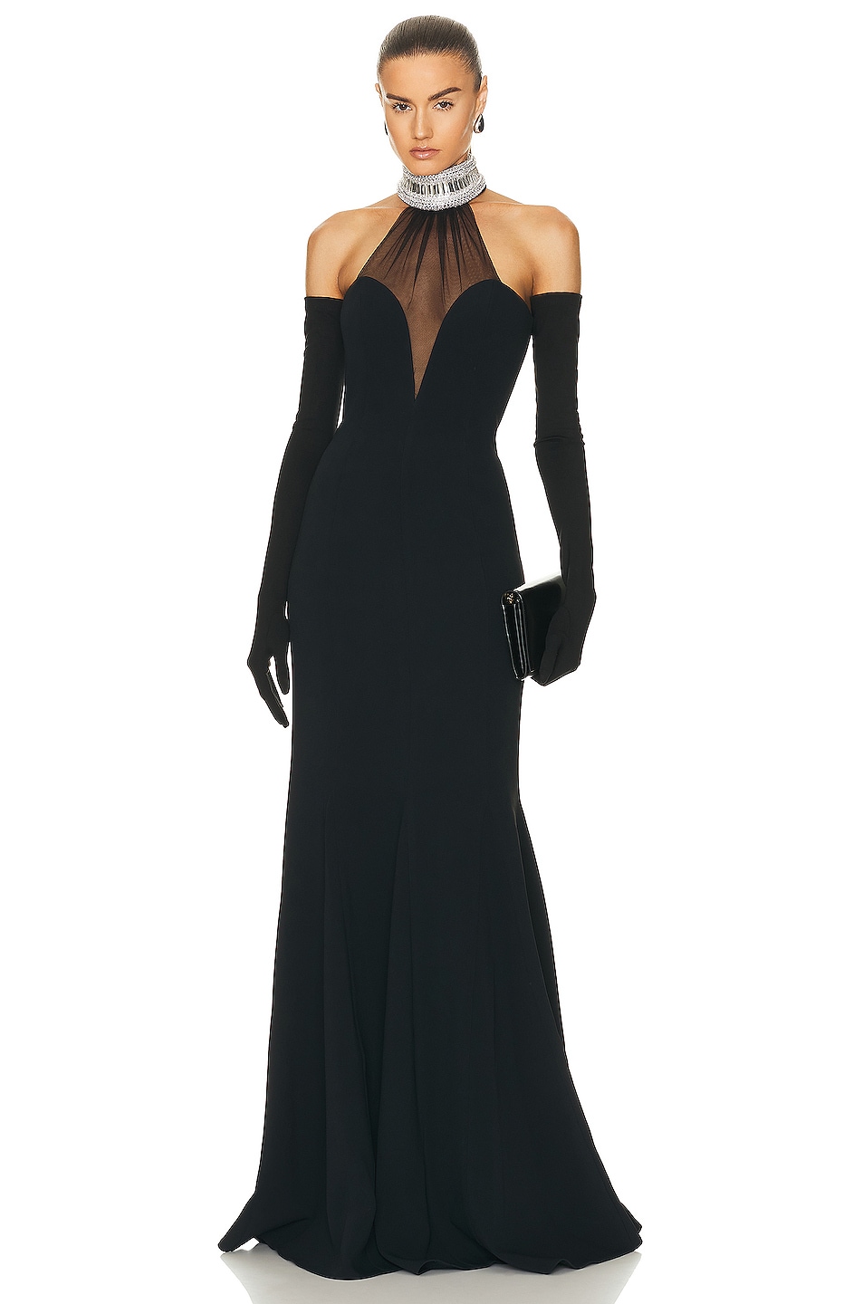 Image 1 of David Koma For FWRD Crystal Halter Gown With Gloves in Black
