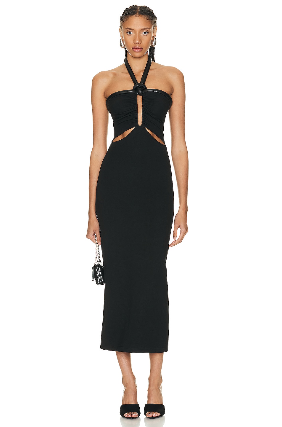 Image 1 of David Koma Chest Buckle & Knot Detail Cutout Midi Dress in Black