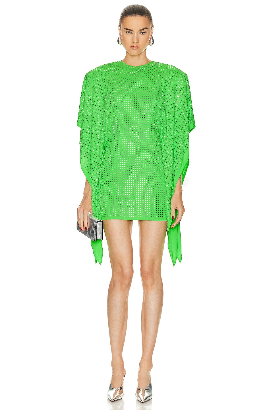 Image 1 of David Koma Crystal Kaftan Mini Dress in Green & Silver