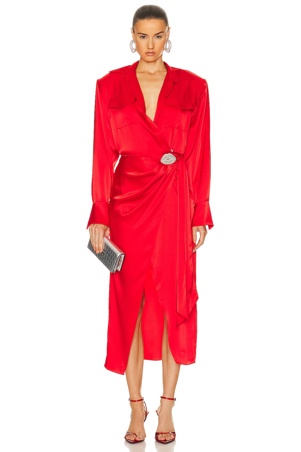 Image 1 of David Koma Crystal Lip Wrap Dress in Red & Silver