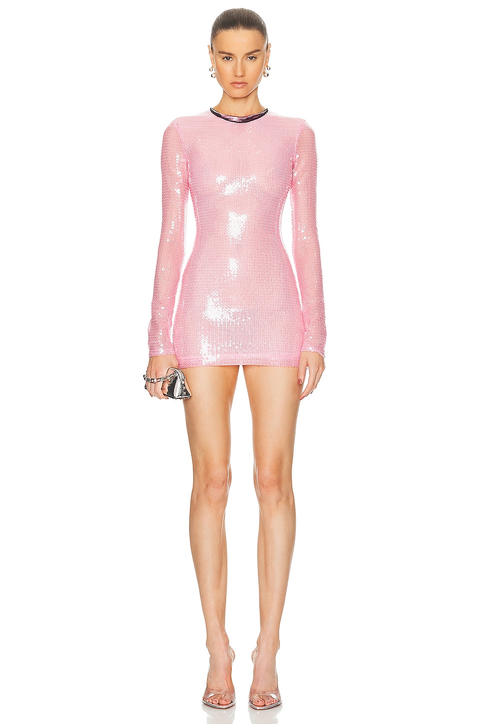 Image 1 of David Koma Metallic Collar Long Sleeve Sequin Dress in Soft Pink