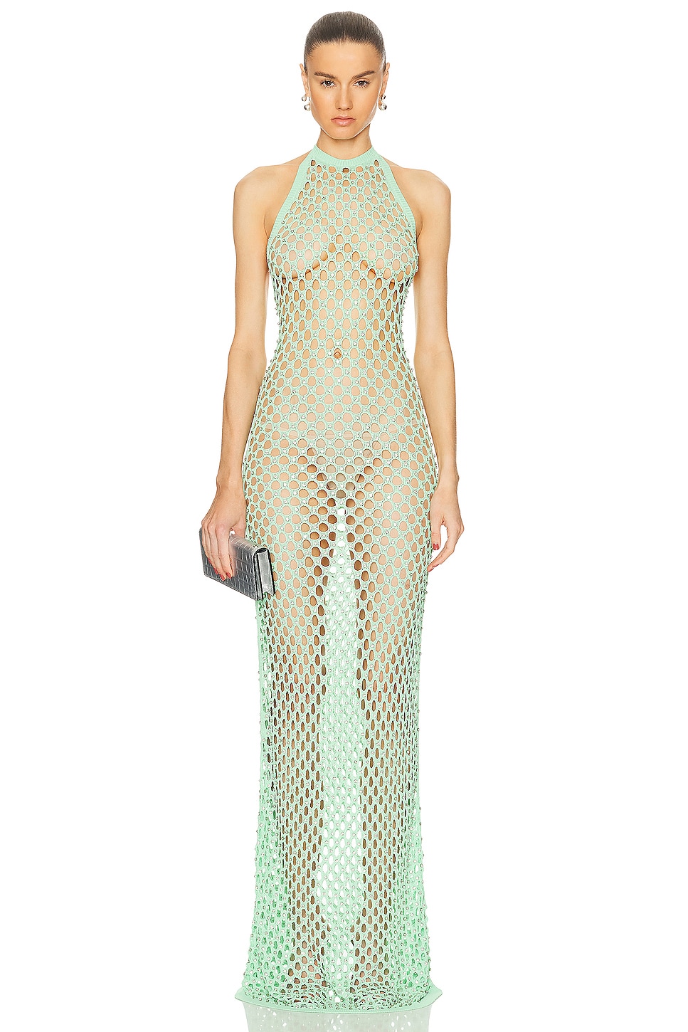 Image 1 of David Koma Open Back Crystal Crochet Gown in Green & Silver