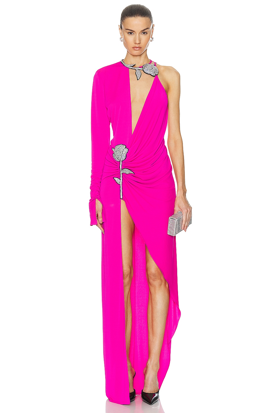 Image 1 of David Koma Crystal Rose Ruched Gown in Fuchsia & Silver