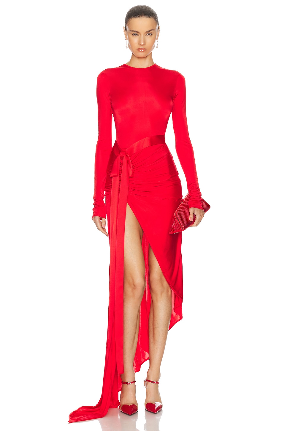 Image 1 of David Koma Satin Bow Detail Asymmetric Long Dress in Red