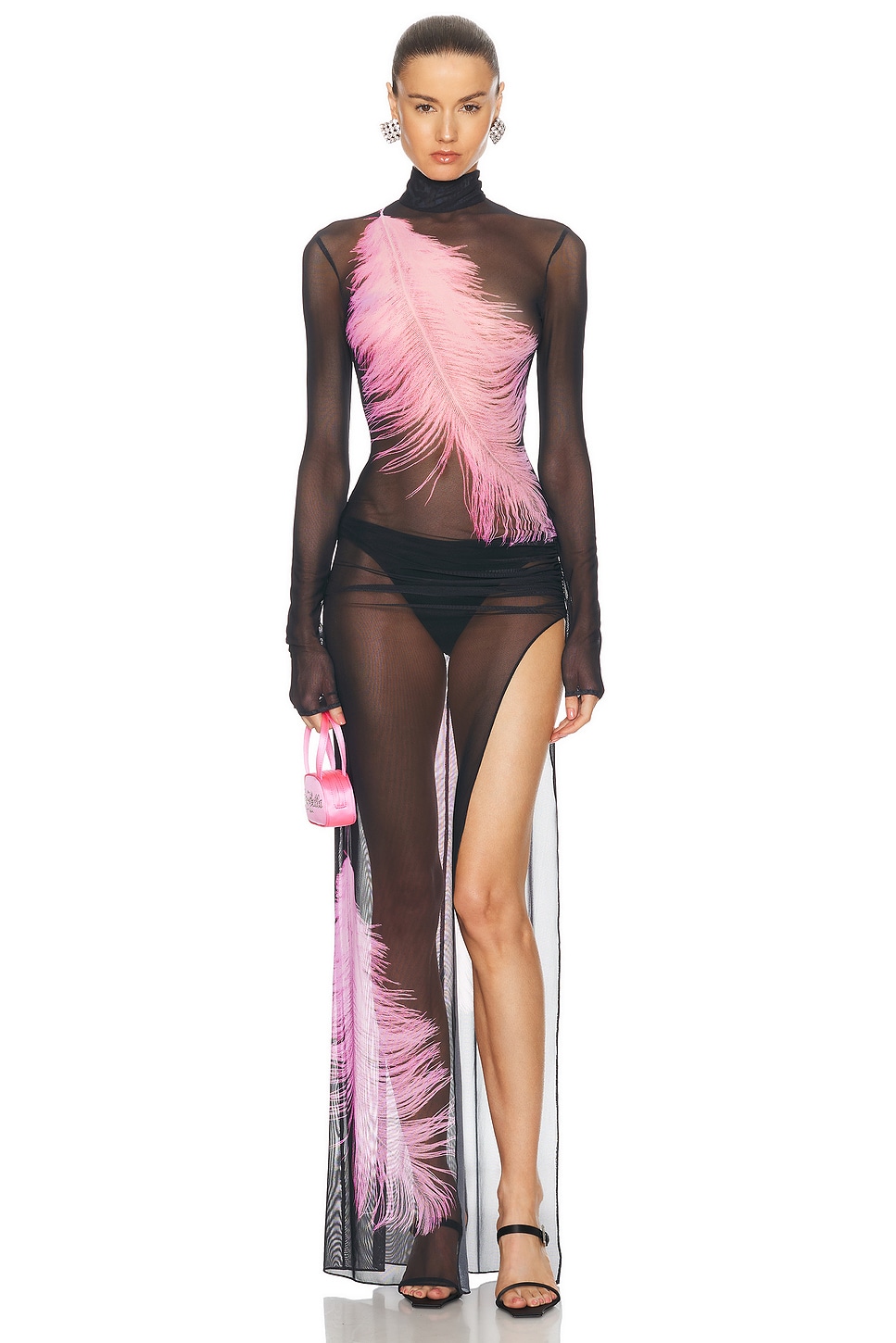 Image 1 of David Koma Feather Printed Long Sleeve Mesh Gown in Black & Pink