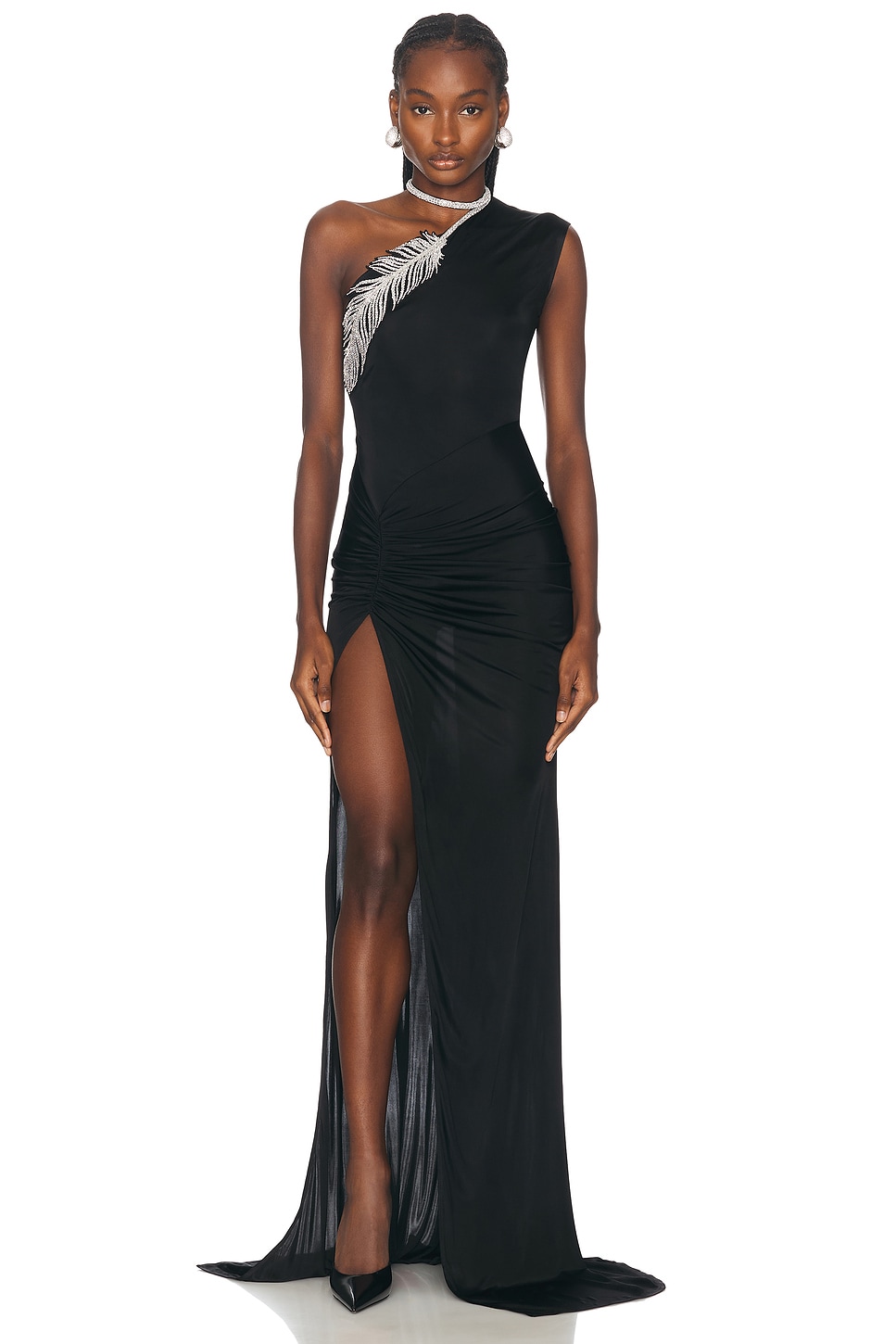 Image 1 of David Koma Crystal Feather One Shoulder Gown in Black & Silver