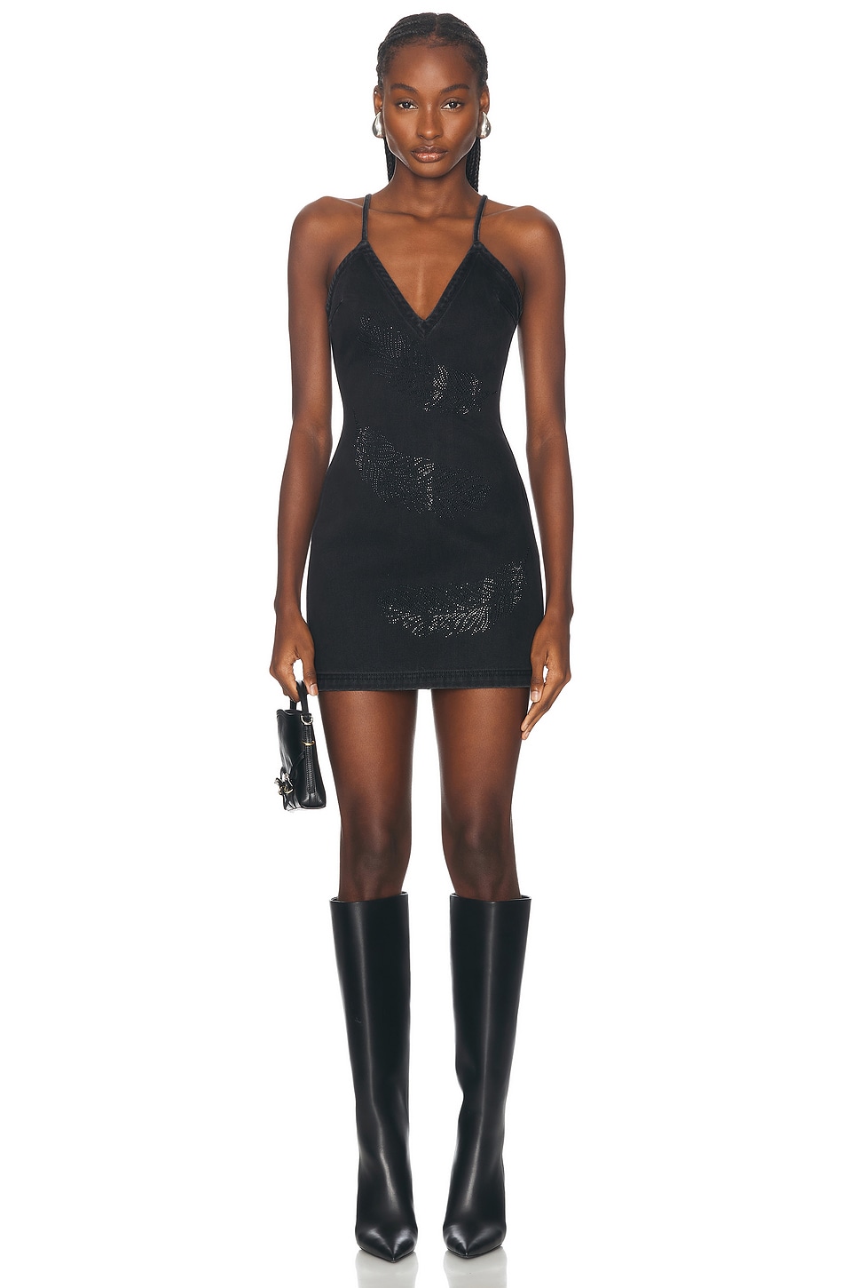 Image 1 of David Koma Rhinestone Feather Cami Mini Denim Dress in Black