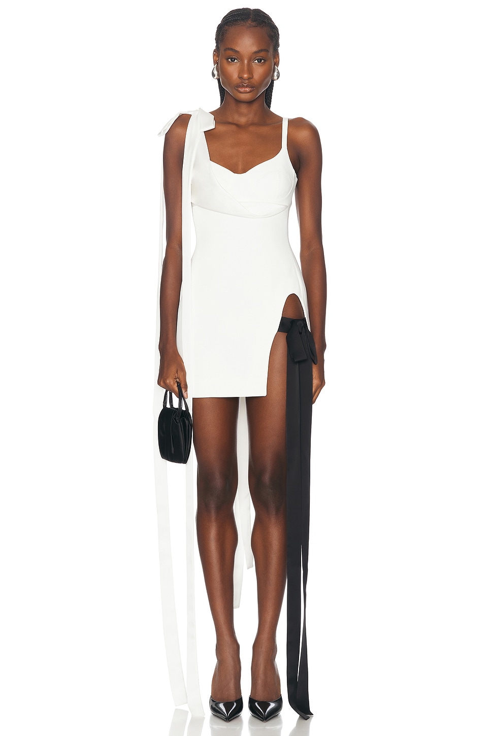 Image 1 of David Koma Satin Bow Tie Mini Dress in White & Black