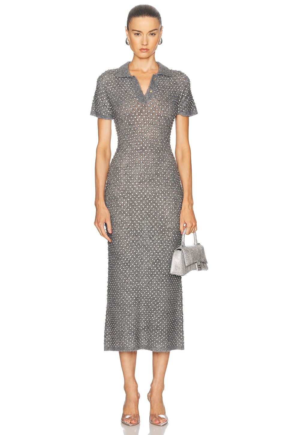 Image 1 of David Koma Crystal Polo Neck Midi Dress in Grey & Silver