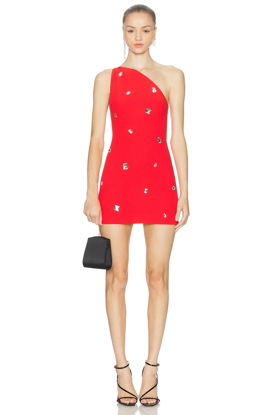 Image 1 of David Koma All Over Crystal Embroidered Mini Dress in Red & Silver