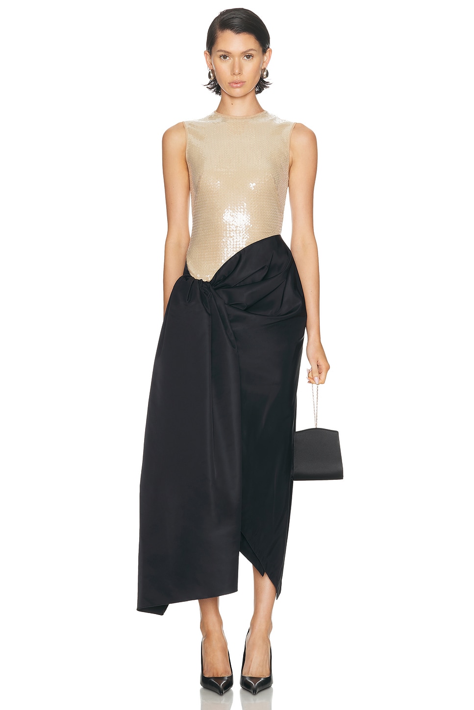 Image 1 of David Koma Sequin & Draped Midi Dress in Beige & Black