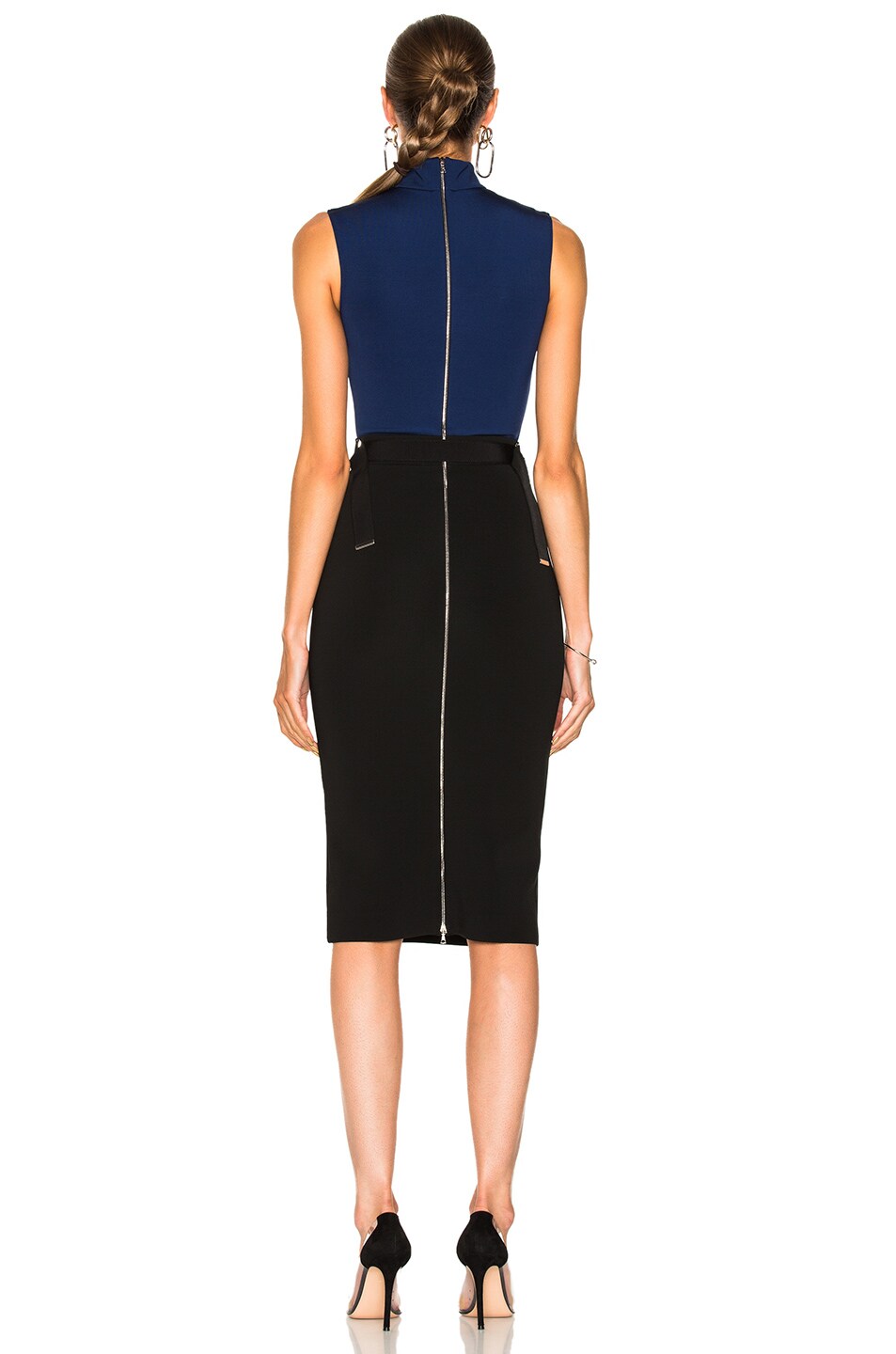 DAVID KOMA Bicolor Ribbon Waistband Detail Pencil Dress in Navy & Black ...