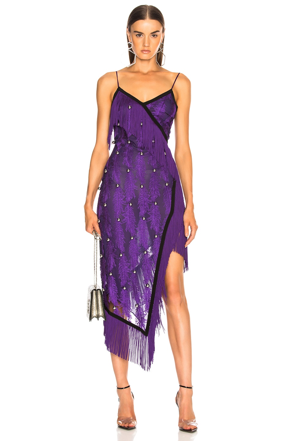 Image 1 of David Koma Feather Fringe Dress in Black & Purple