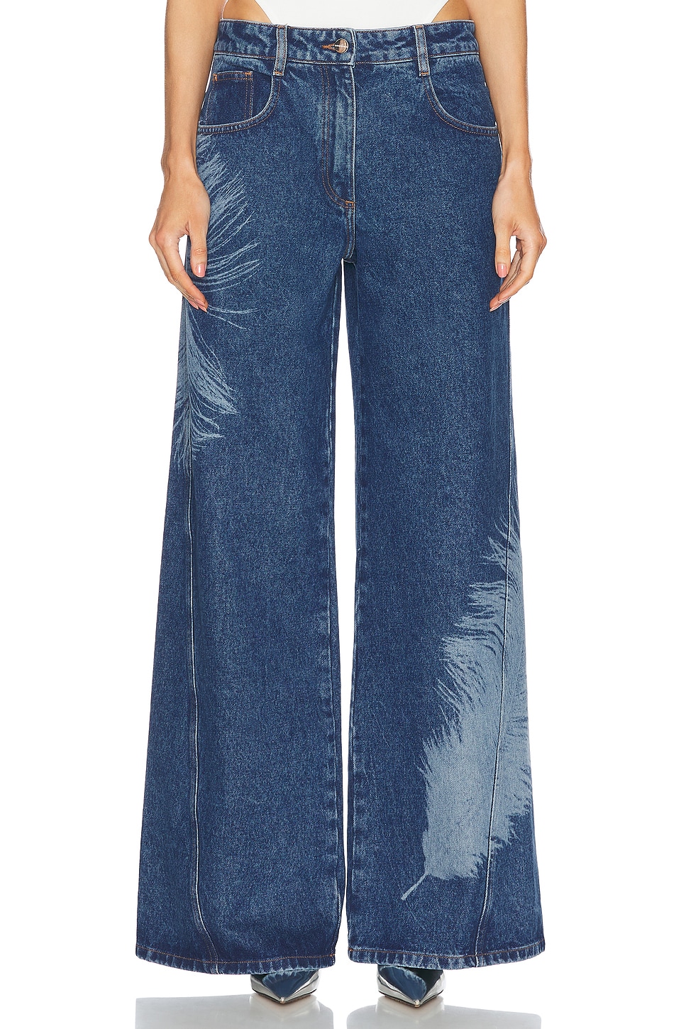 Image 1 of David Koma Feather Print Wide Leg in Indigo