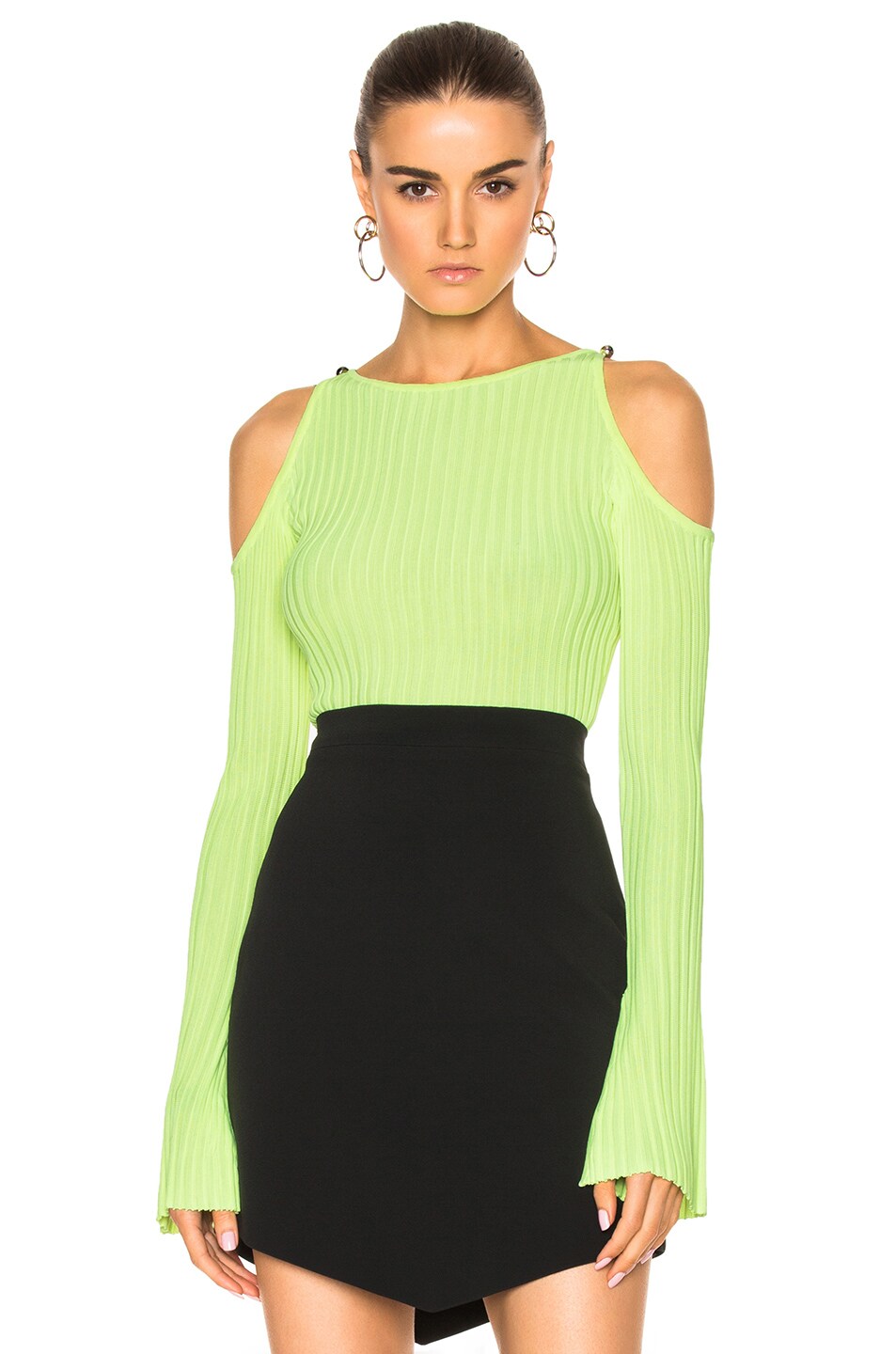 Image 1 of David Koma Rib Knit Open Shoulder Long Sleeve Pullover in Neon Yellow