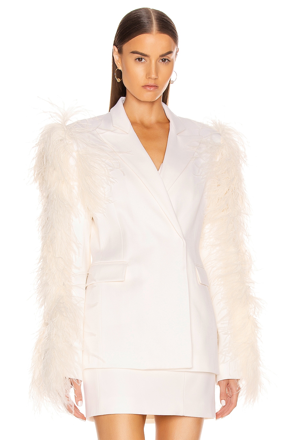 Image 1 of David Koma Feather Sleeved Tailored Jacket in White