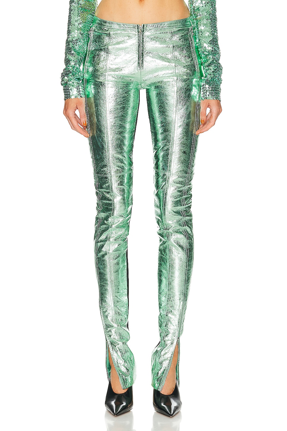 Image 1 of David Koma Metallic Leather Trouser in Metallic Green
