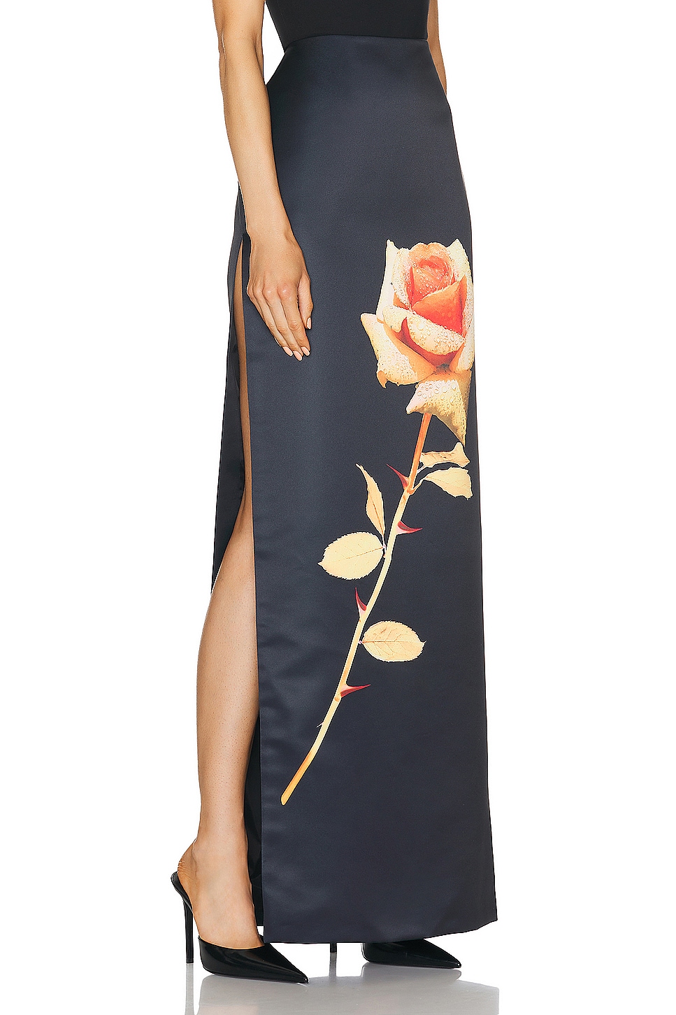 Image 1 of David Koma Rose Flower Print Maxi Skirt in Black & Orange