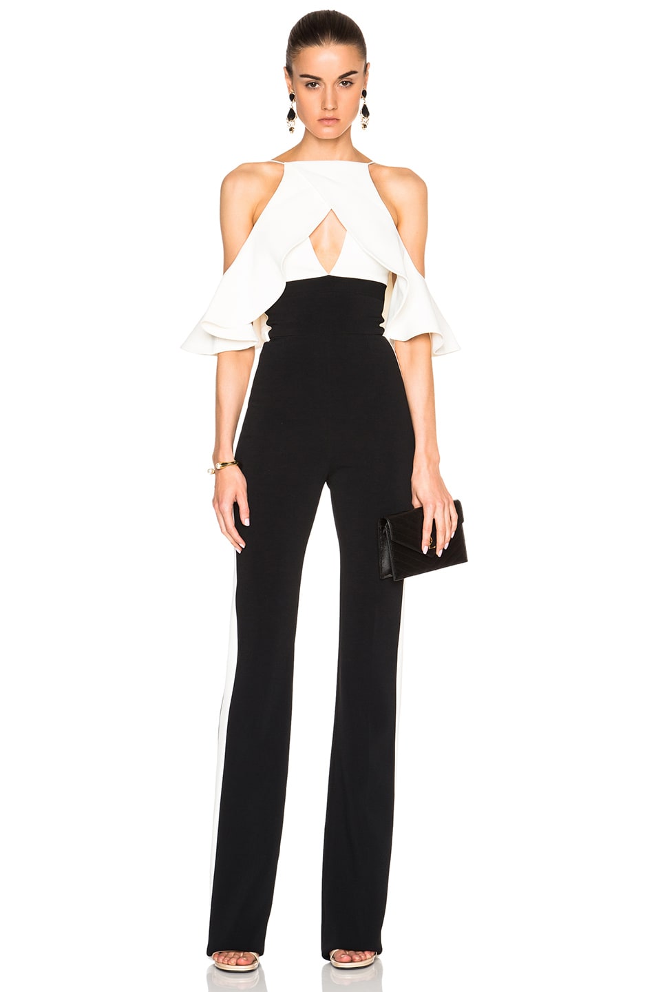 Image 1 of David Koma Shoulder Ruffle Jumpsuit in Black & White