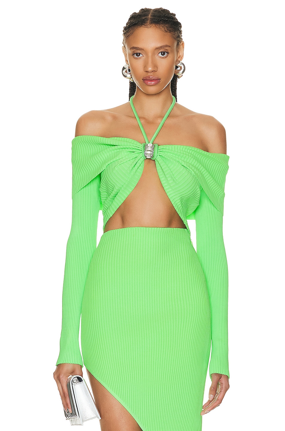 Image 1 of David Koma Crystal Buckle Long Sleeve Knit Top in Neon Green