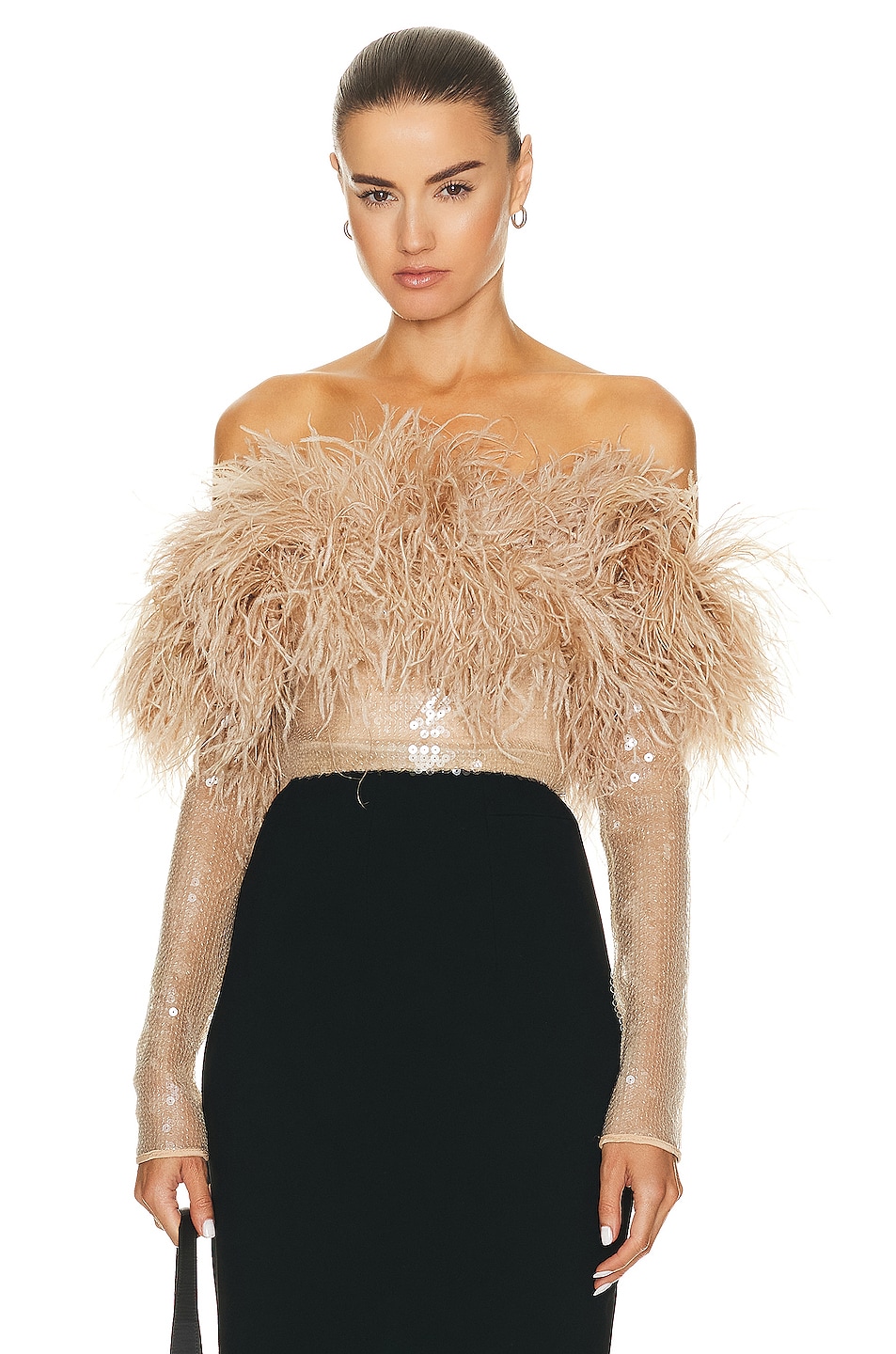 Image 1 of David Koma Feather Trim Sequin Top in Beige