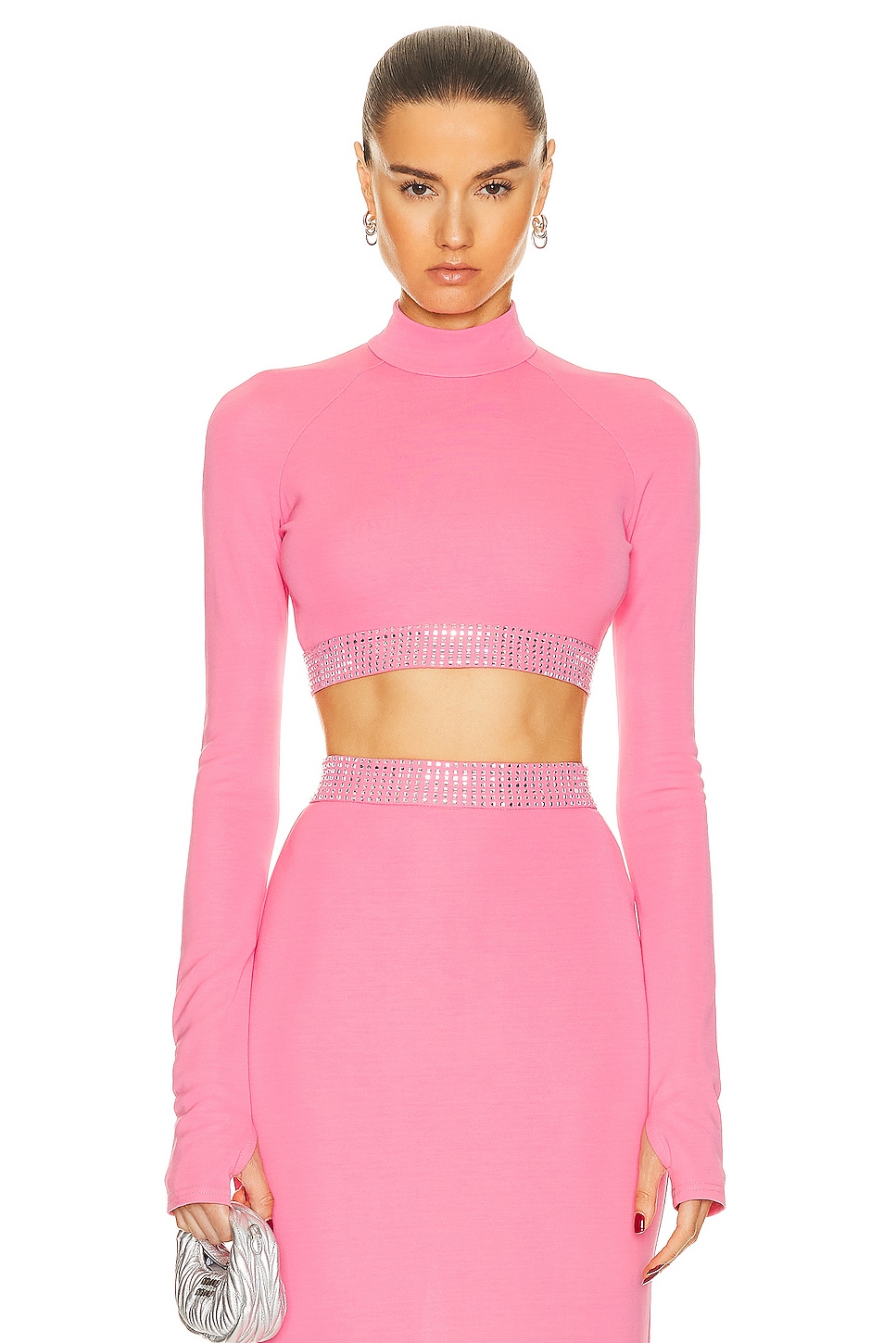 Image 1 of David Koma Crystal Embroidered Long Sleeve Crop Top in Pink
