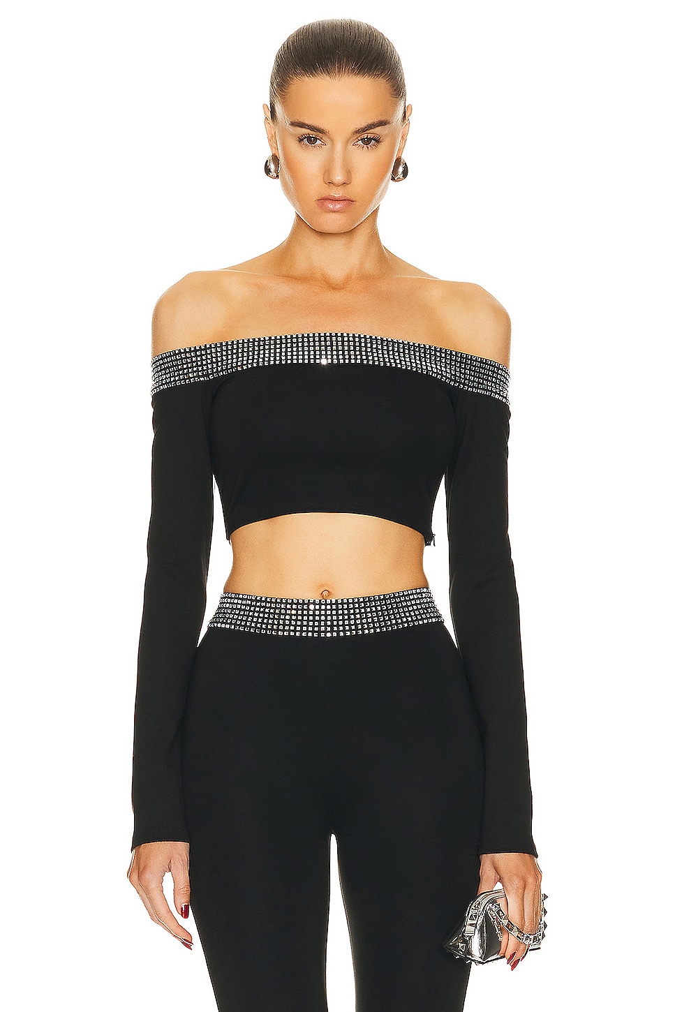 Image 1 of David Koma Crystal Embroidered Long Sleeve Crop Top in Black & Silver