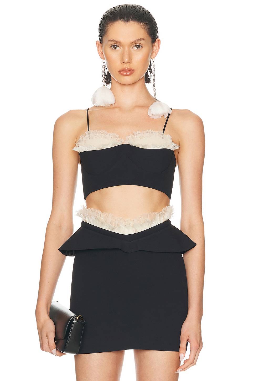 Image 1 of David Koma Ruffle & Feather Balconette Bra Top in Black & Off White