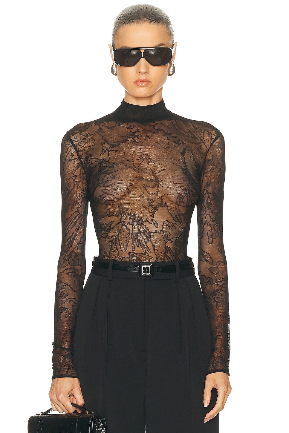 Image 1 of David Koma Floral Lace Long Sleeve Bodysuit in Black