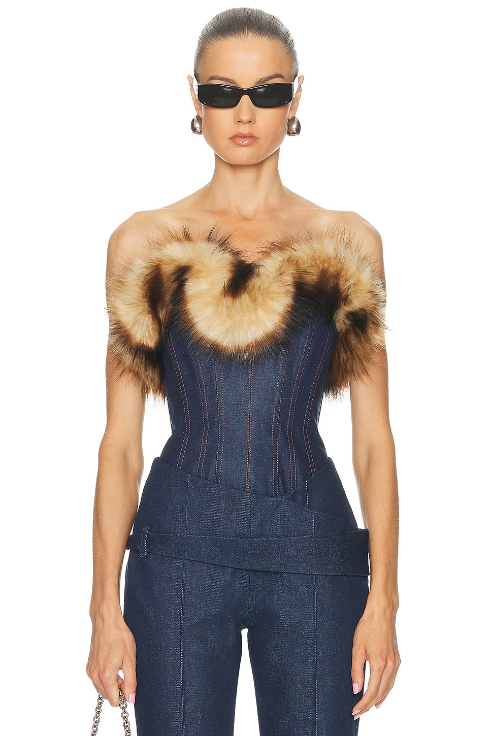 Image 1 of David Koma Detachable Faux Fur Trim Corset Top in Indigo & Brown