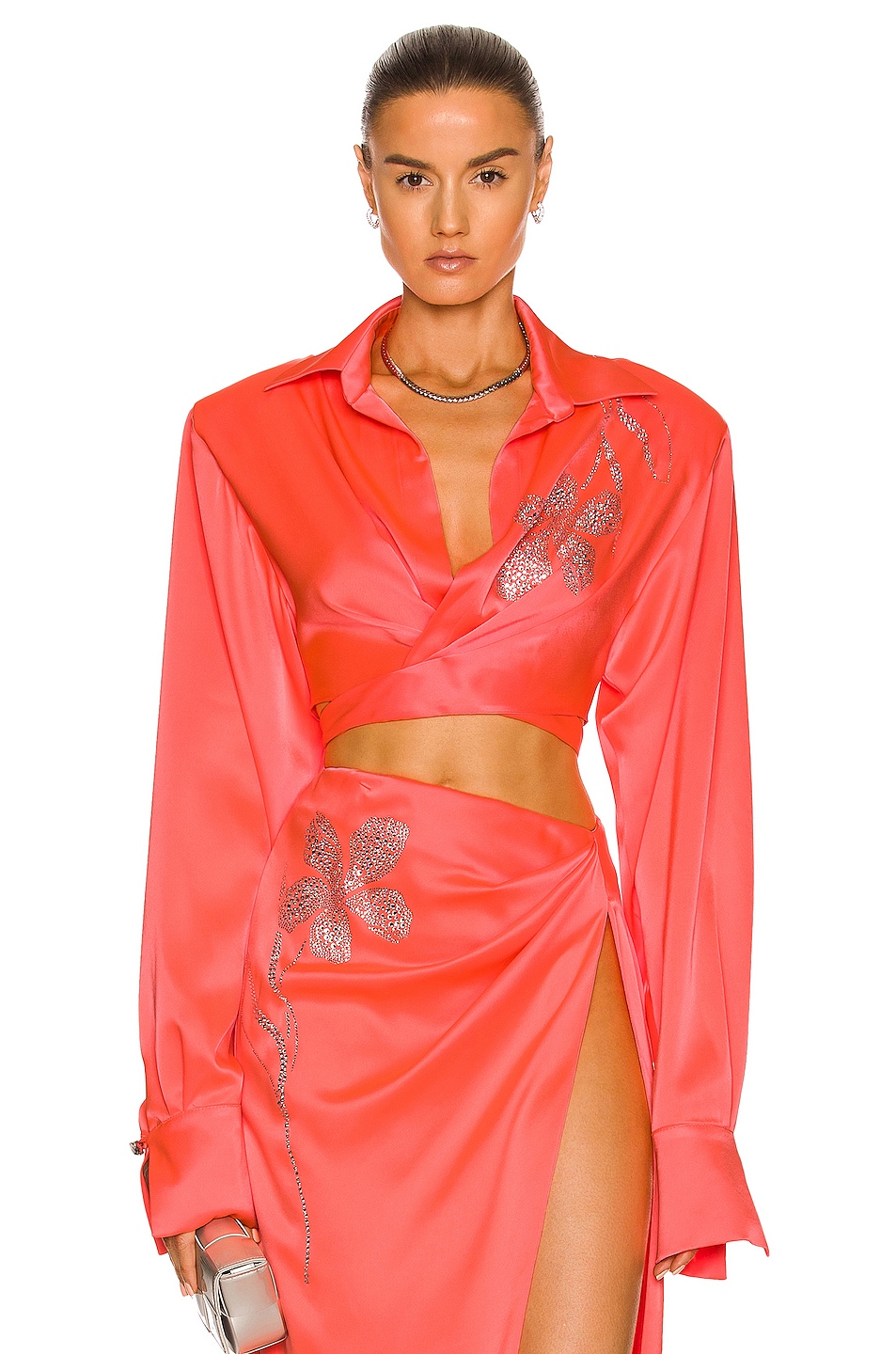 Image 1 of David Koma Crystal Flower Wrap Top in Coral