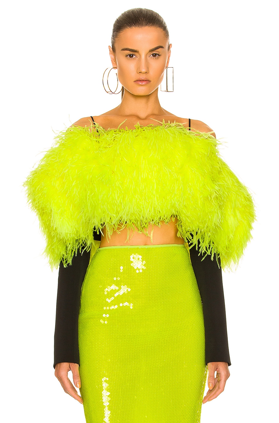 Image 1 of David Koma Long Sleeve Feather Crop Top in Black & Yellow