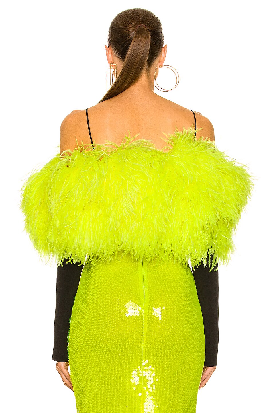 David Koma Long Sleeve Feather Crop Top in Black & Yellow FWRD
