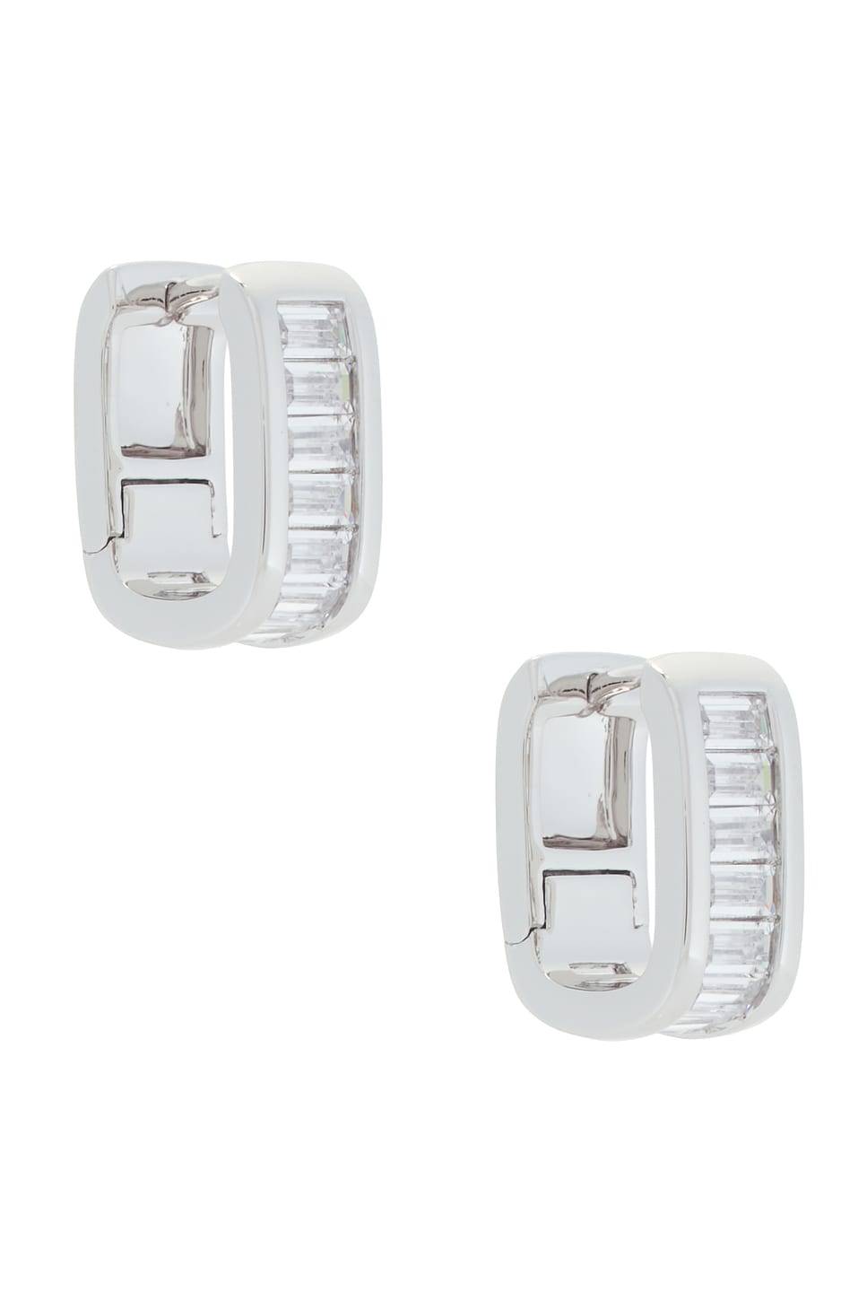 DEHANCHE Crystal Baguette Huggie Earrings in Metallic Silver